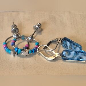 Colorful Beaded and Blue Glass Earrings Set